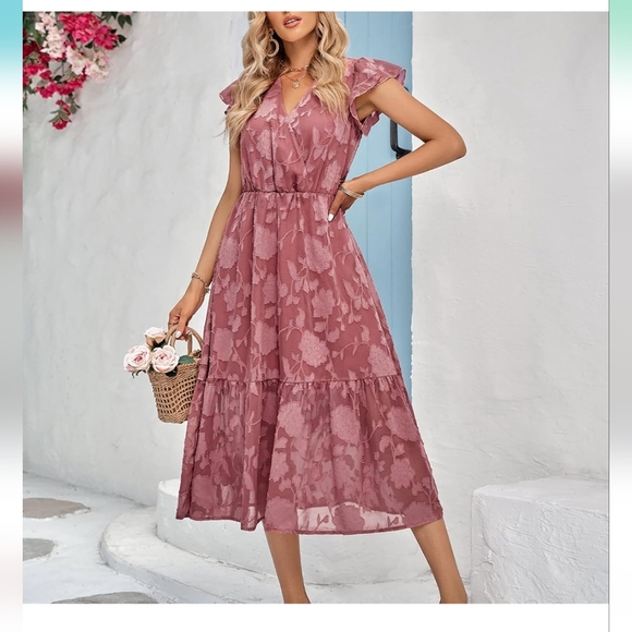 Beige Floral Midi Dress - Picture 5 of 15